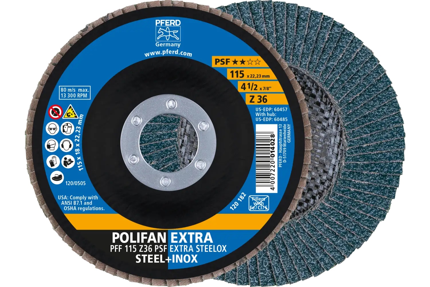 Picture of Pferd Flap Disc, 4-1/2" x 7/8, Z PSF Extra Steelox, 36 Grit, T27, Flat, Zirconia